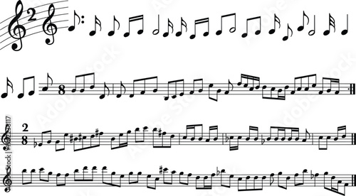 Musical notes notation collection with treble clef, black sheet music symbols, melody stave, classical sound rhythm, and creative song composition elements.