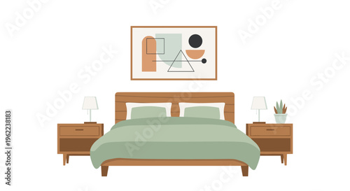 A minimalist bedroom displays a wooden bed with green bedding, two nightstands, two lamps, and abstract wall art.