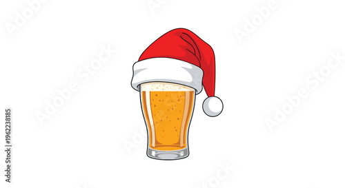 A tall glass of golden beer with a foamy head is playfully wearing a red and white Santa hat.