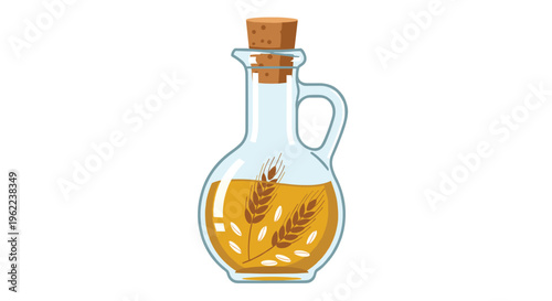A clear glass bottle with a cork stopper holds golden oil and wheat grains.