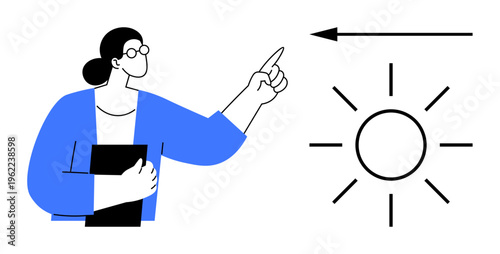 Education concept. Education ed by a woman pointing at sun and arrow symbols, direction and learning. Education supports communication and knowledge growth. For teaching, presentations, learning