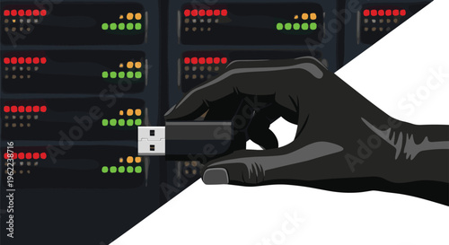 A dark-skinned gloved hand inserts a black USB flash drive into a port of a dark server rack with glowing red and green indicator lights against a diagonally split white and dark background.