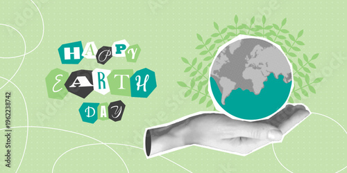 Vintage Happy Earth Day collage banner template. Retro halftone design, hands protect, hold globe. Vector illustration for poster, greeting card. Save planet, Mother Earth hour y2k style paper cut out