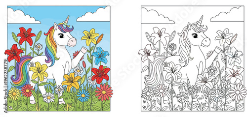 Beautiful white unicorn with rainbow mane standing in colorful flower garden, magical fantasy vector illustration for kids, cute pony with lilies and daisies in nature.