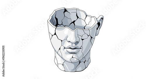 A fragmented, cracked human head sculpture with a hollow top is depicted against a white background.