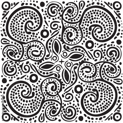 Motif abstrait Style Paisley Goutte Réseau de Lignes 2 Symétrique Couleurs Noir et Blanc Vecteur