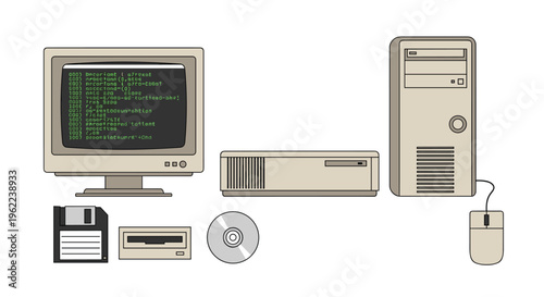 A retro desktop computer setup with a CRT monitor, two towers, floppy disk, CD-ROM, and mouse is displayed on a white background.