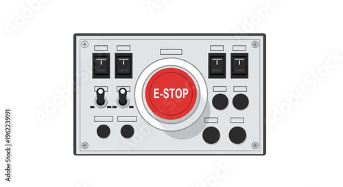 A grey control panel with an E-STOP button, four toggle switches, and other controls is centered on a white background.