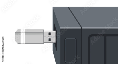 A silver USB flash drive is partially inserted into a dark gray electronic device on a white background.