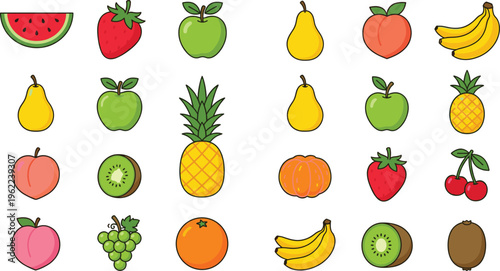 Fresh Fruit Icon Set with Apple, Banana, Strawberry, Pineapple, Orange, Kiwi, and Tropical Fruits Illustration for Healthy Food and Nutrition Design
