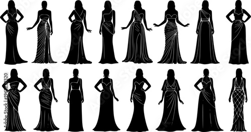 Collection of elegant black silhouette evening gowns and high fashion dresses, minimalist female fashion models with geometric patterns vector isolated on white.