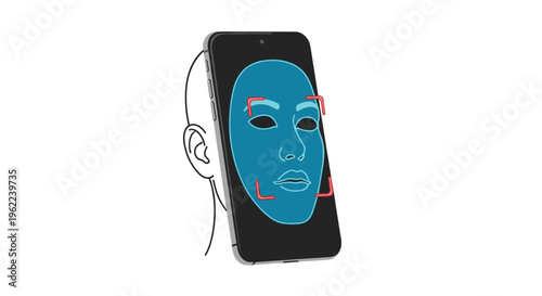 A black smartphone displays a light blue outlined face with red scanning brackets, partially obscured by a human head outline.