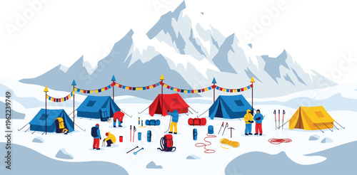 Mountain base camp with tents climbers equipment and snowy peaks expedition adventure vector illustration isolated on white background