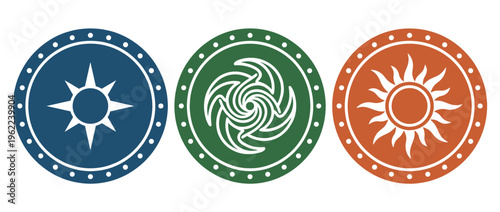 A set of three colorful ancient vector symbols. Includes sun, star, and eternity signs for logos, icons, or spiritual and ethnic design projects. Versatile graphic elements.
