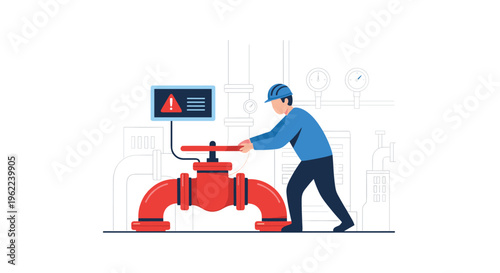 A worker in a hard hat turns a large red industrial valve next to a digital alert display with a background of pipes and gauges.