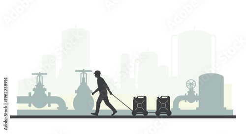 A man's silhouette pulls two jerrycans on a cart in front of a silhouetted industrial complex with tanks and pipes.