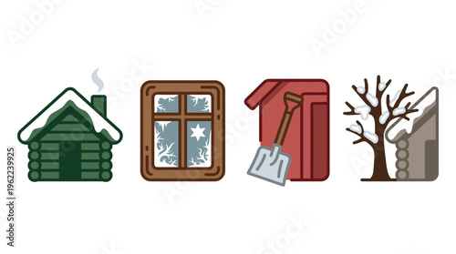 A cozy winter vector icon set. Includes a log cabin, frosty window, shed with shovel, and snowy tree. Perfect for holiday designs, apps, and seasonal websites.