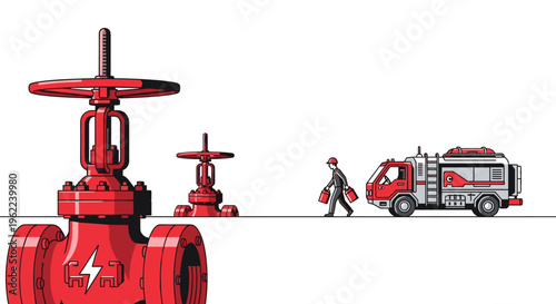 A worker carries two red jerrycans towards a tanker truck near two large red industrial valves on a white background.