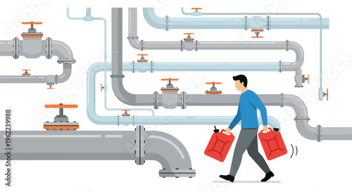 A man carrying two red jerrycans walks past an intricate network of grey and light blue industrial pipes with orange valves.