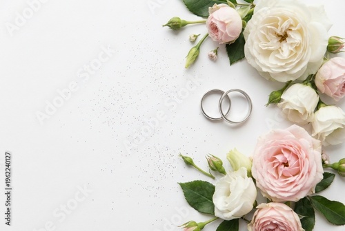 elegant flat lay of two wedding bands surrounded by white and pink blossoms on white background. ideal for wedding invitations, greeting cards, banners, or jewelry store promotional materials
