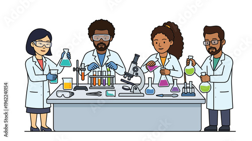 A diverse team of scientists in lab coats conduct research. Cartoon vector illustration for science, medicine, teamwork, and innovation concepts.