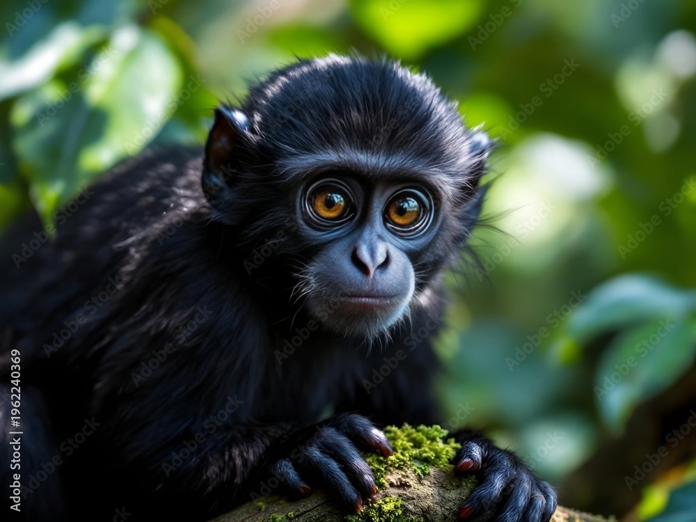 Obraz premium Cute Baby Monkey Portrait in Green Forest