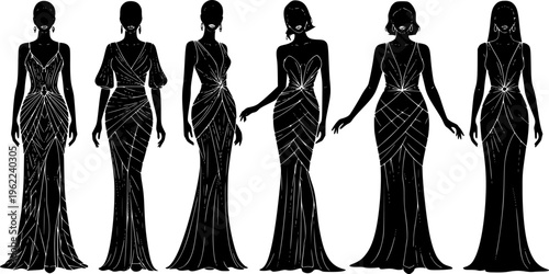 Collection of elegant black silhouette evening gowns and high fashion dresses, minimalist female fashion models with geometric patterns vector isolated on white.
