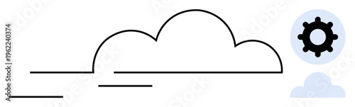 Cloud technology concept. Cloud shapes with a gear symbol highlight the idea of cloud computing, software integration, and innovation. Perfect for technology, IT solutions, digital transformation