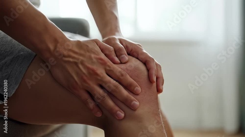 Man, clutching knee in pain, sitting in living room, natural light, symbolizing injury, health issues, and discomfort