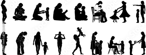 Mother and child silhouettes set showing motherhood life stages and daily routine