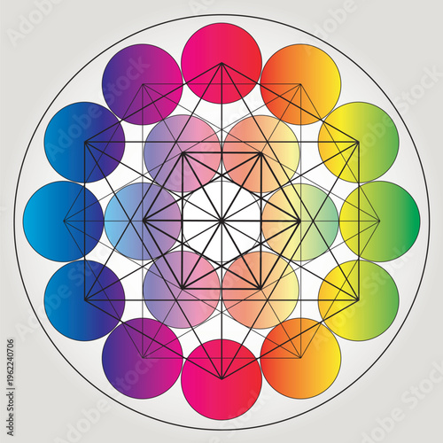 Cube de Métatron Illustration Arc-en-Ciel Géométrie sacrée Symbole Vecteur Design Cercle Spiritualité Univers Mandala Étoile 