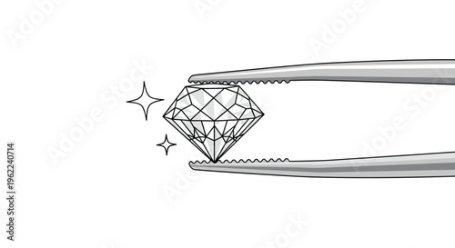 A sparkling, faceted diamond is held securely by a pair of two-pronged, serrated tweezers in a simple line art illustration on a white background.