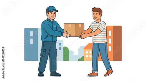 Friendly courier providing package delivery service to a happy customer. Vector illustration for e-commerce, logistics, and shipping concepts.