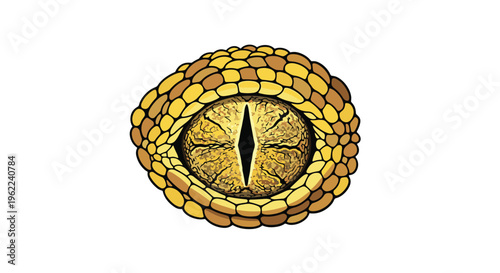 A detailed illustration of a reptilian eye with a vertical pupil and textured scales is centered on a plain white background.