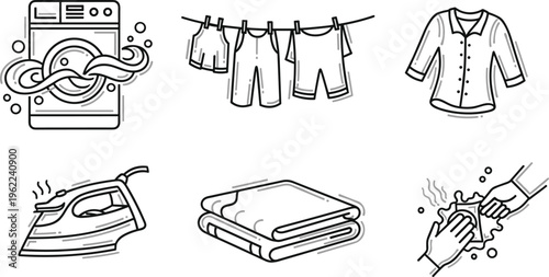 Laundry Day Icon Set Featuring Washing Machine Steaming Iron Hanging Clothesline Apparel and Manual Fabric Scrubbing Symbols for Housekeeping Service, Transparent Background PNG