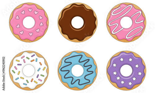 A collection of six delicious round donuts featuring colorful glazes and various sweet toppings Vector