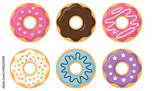 A collection of six delicious round donuts featuring various colorful glazes and festive toppings Vector
