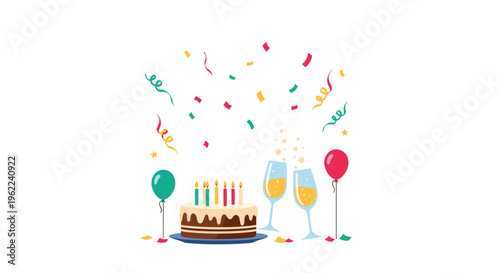 A chocolate birthday cake with five lit candles, two champagne flutes, falling confetti, and two balloons are arranged on a pure white background.