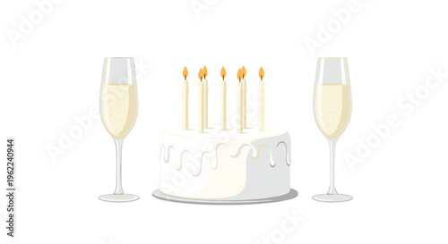 A white cake with five lit candles is symmetrically flanked by two champagne flutes on a pristine white background.