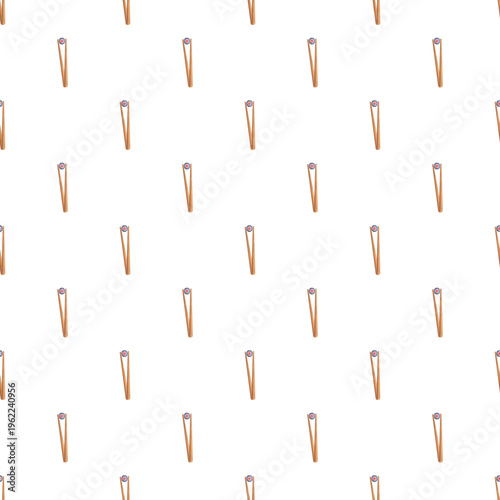 Wooden chopsticks grasping sushi rolls creating a seamless background