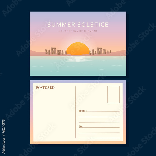 Summer solstice postcard design with ancient stone circle vector illustration.