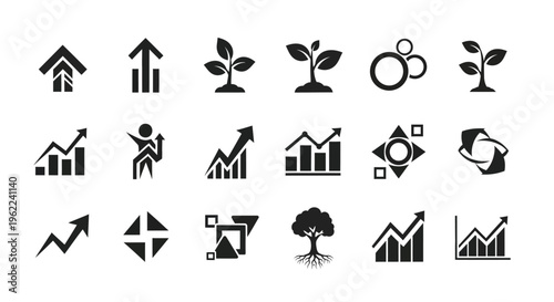 Black icons set of business growth finance and ecology symbols on white background for marketing and finance concepts