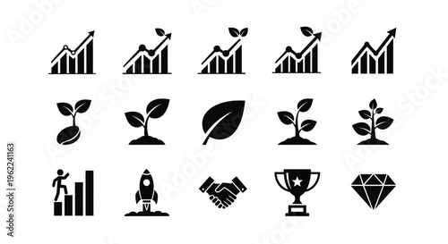 Black icons of business growth success and finance on white background including graphs plants awards and more