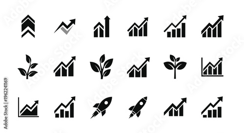 Collection of black business growth icons with graphs arrows plants and rocket on white background for finance and success concepts
