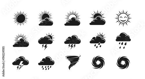 Weather icons set with sun clouds rain lightning and stormy conditions for forecasting and climate design