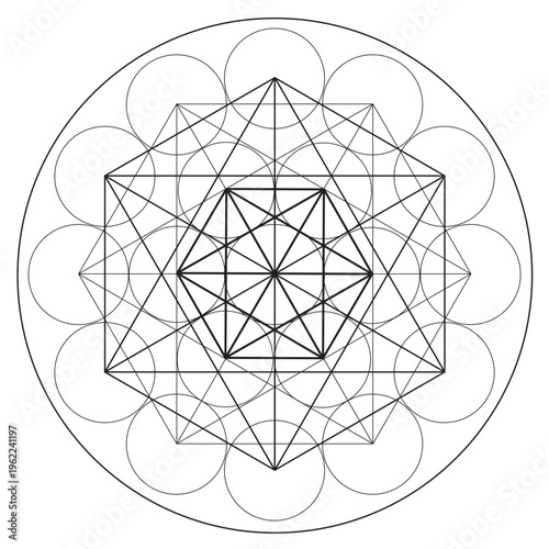 Cube de Métatron Illustration Noir et Blanc Géométrie sacrée Symbole Vecteur Design Cercle Spiritualité Univers Mandala Étoile 