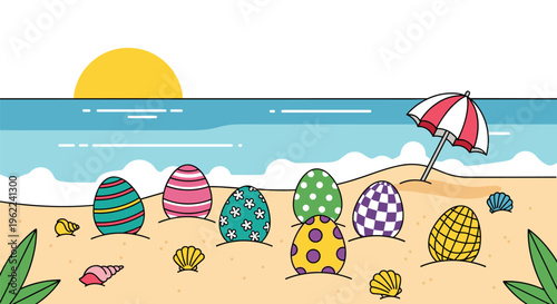 Seven colorful patterned Easter eggs are partially buried in beach sand with an umbrella and ocean in the background.