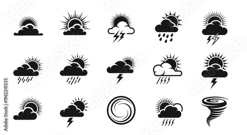 Weather icons set with sunny cloudy rainy stormy and windy conditions forecast symbols