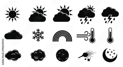 Weather icons set including sun clouds rain snow rainbow and temperature symbols in black on white background