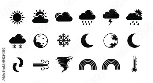 Weather icons set including sun clouds rain snow moon phases and temperature symbols in black on white background